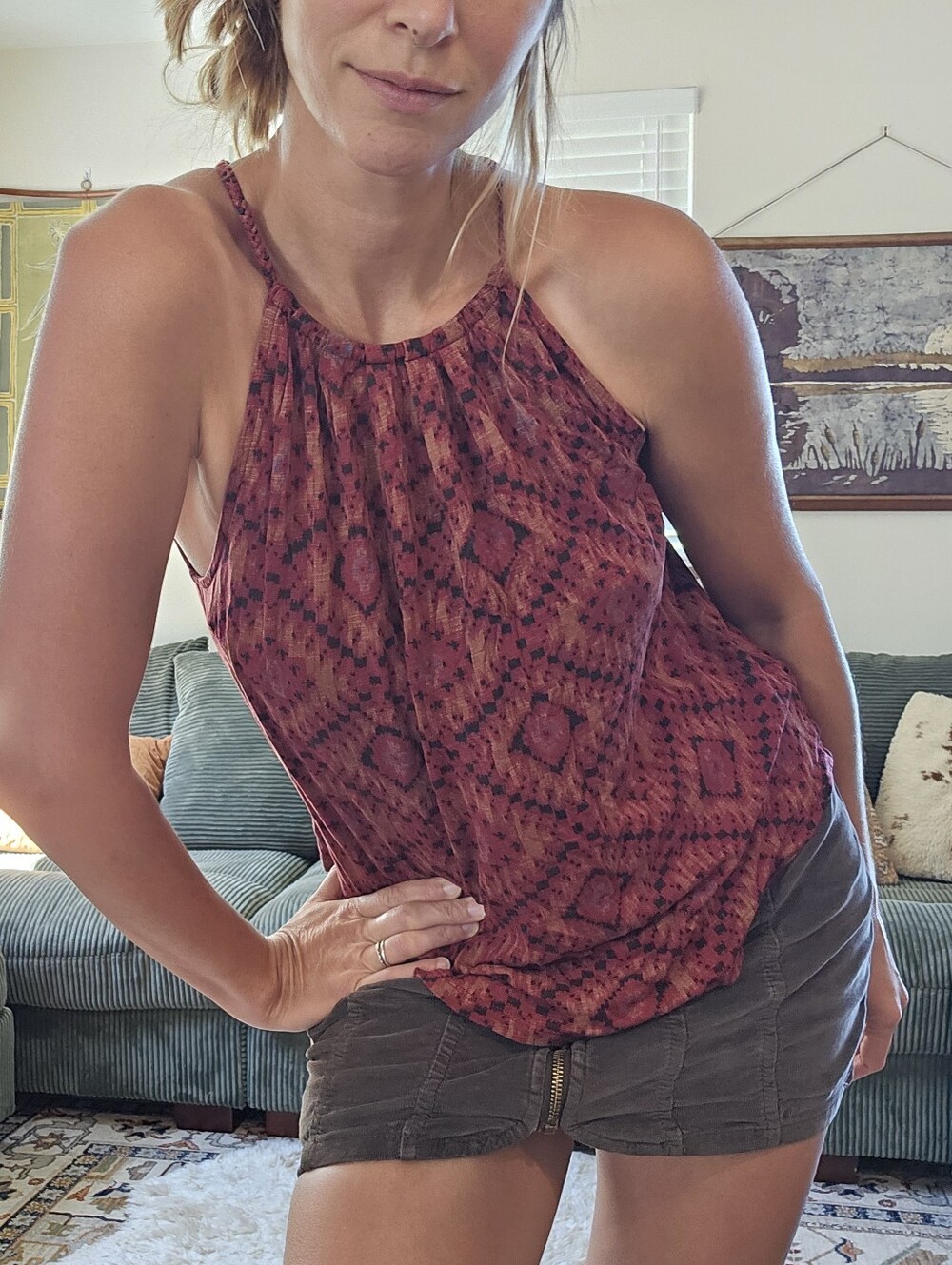 Lucky Brand Boho Print Halter Tank Top Size Small Rust Red Keyhole Back